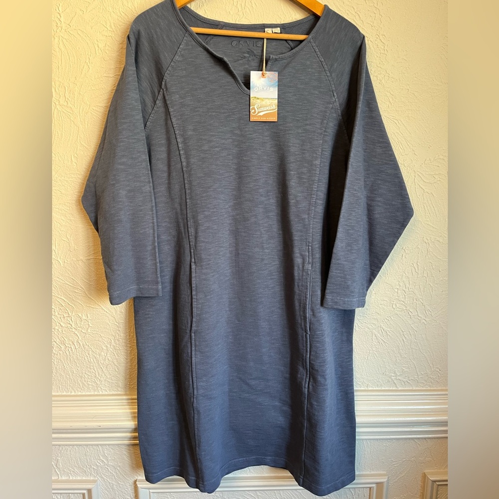 Orvis Sunwash Sweatshirt Dress Womens Large Blue NEW Cotton 3/4 Sleeve Pockets